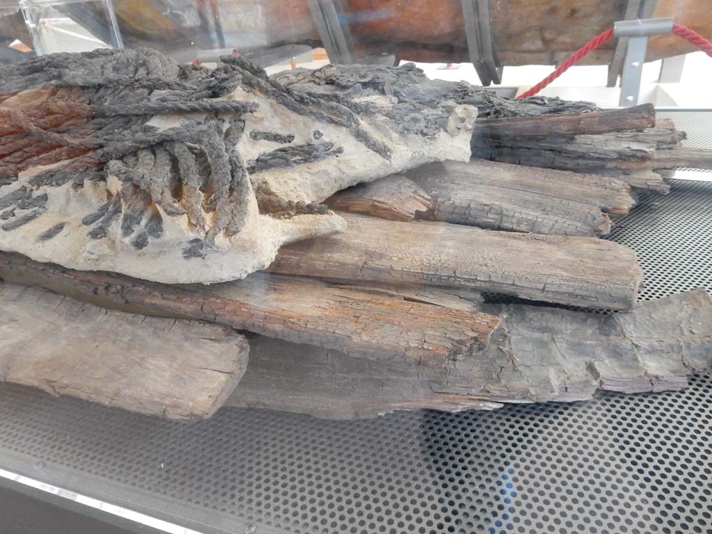 Herculaneum, June 2019. Detail of wooden planking and coil of rope found in the SW Baths Complex in the Insula Occidentalis.
Photo courtesy of Buzz Ferebee.